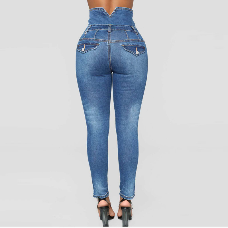 European and American customized jeans women's multi-button high-elastic high waist jeans